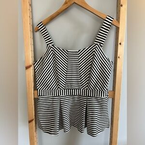 C Wonder Black and White Striped Sleeveless Top with Pleated Peplum Size L
